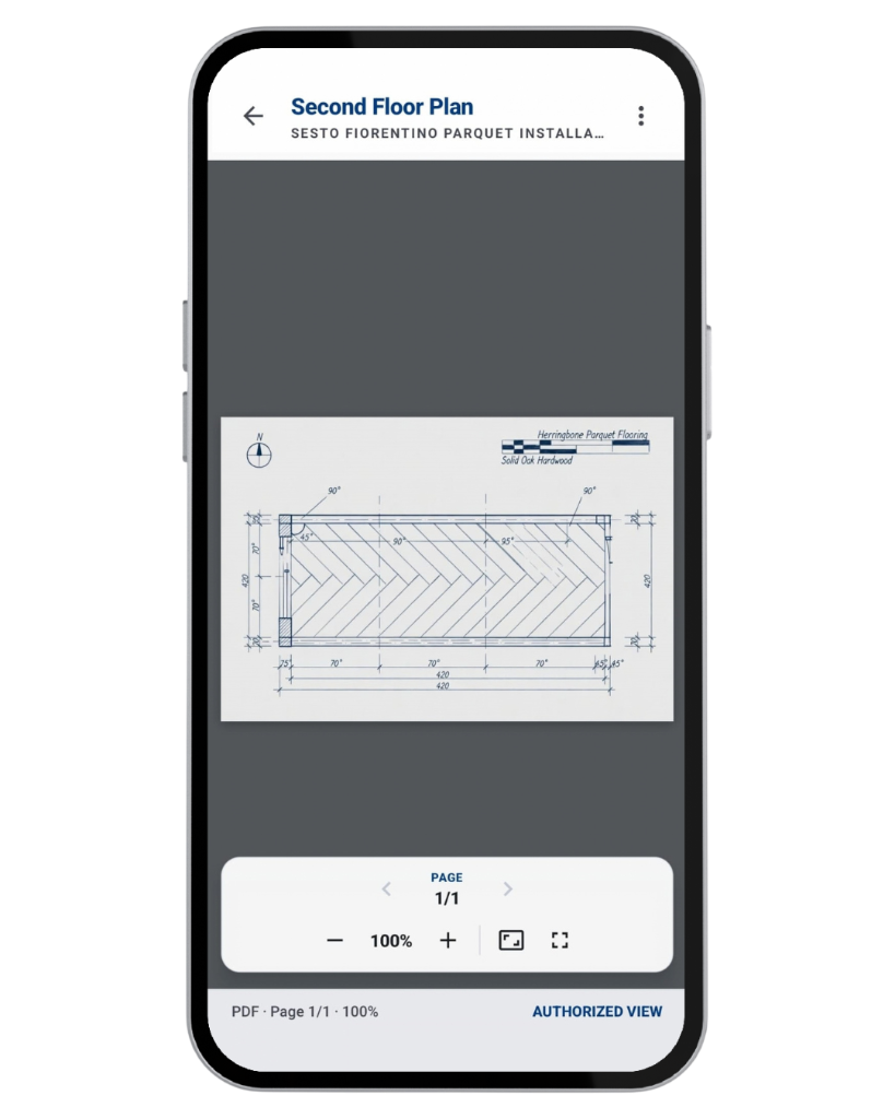 Visualizzatore PDF mobile di Construkt con piano di posa del parquet, navigazione tra pagine e comandi di zoom