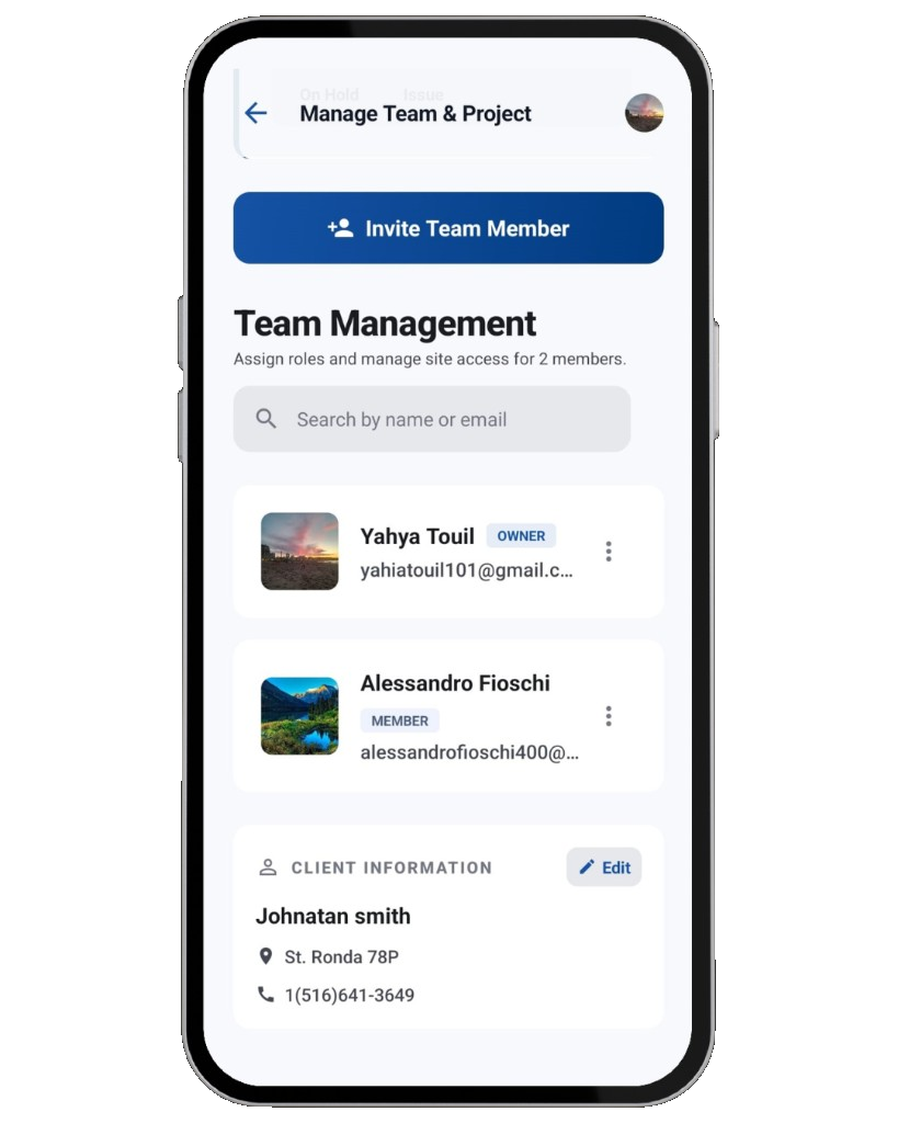 Construkt team and project management — invite crew and manage client details on mobile