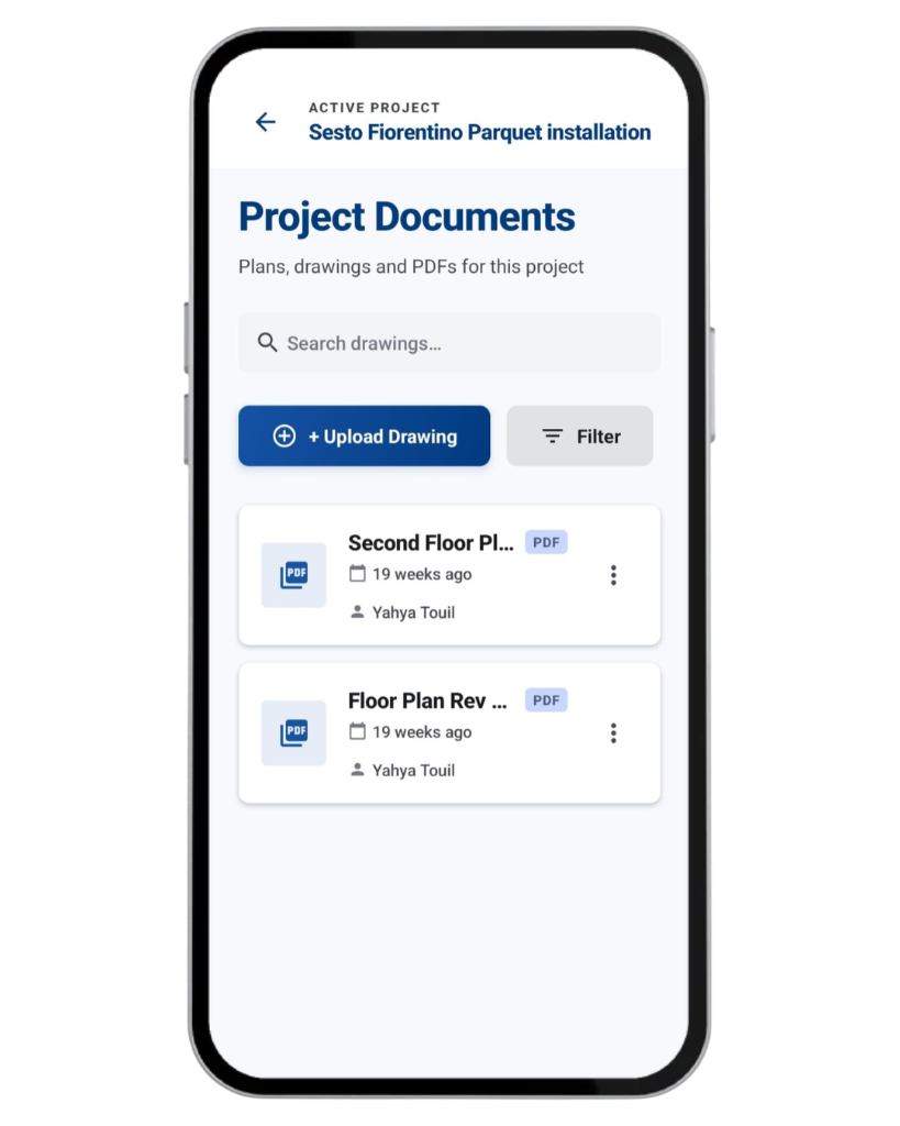 Construkt project documents list showing uploaded floor-plan PDFs on a parquet installation project