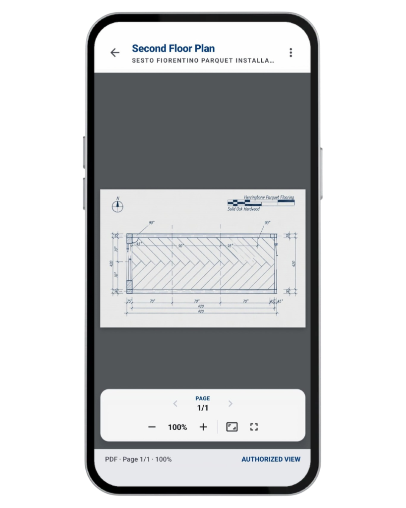 Construkt document viewer open on a second-floor parquet plan PDF stored with the project