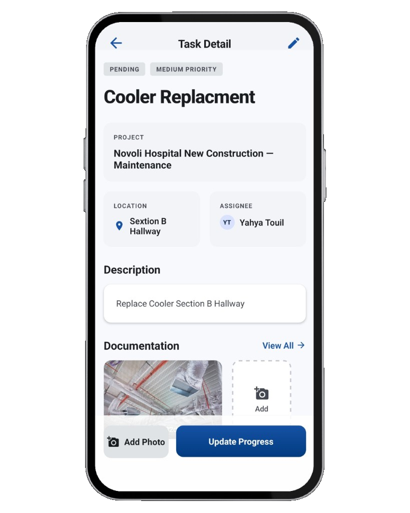 Construkt maintenance task detail — assignee, location, and photo documentation