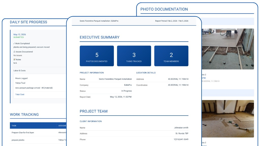 Construkt PDF job report — executive summary, daily logs, tasks, and photo documentation
