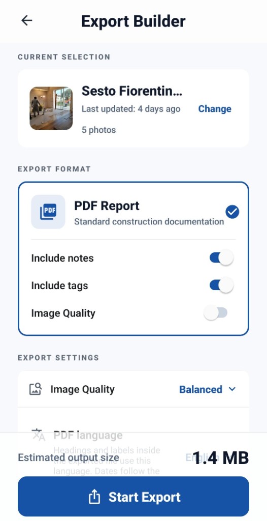 Construkt one-tap PDF report export screen