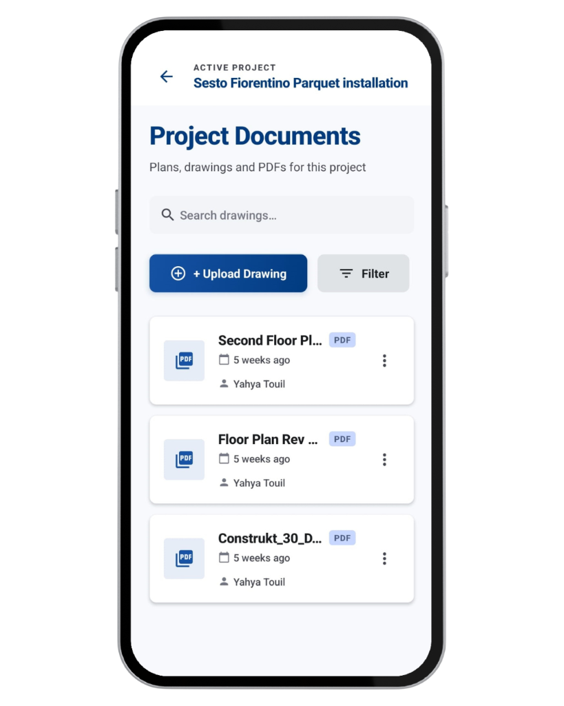 Schermata Documenti di progetto di Construkt con tavole PDF ricercabili per un progetto attivo