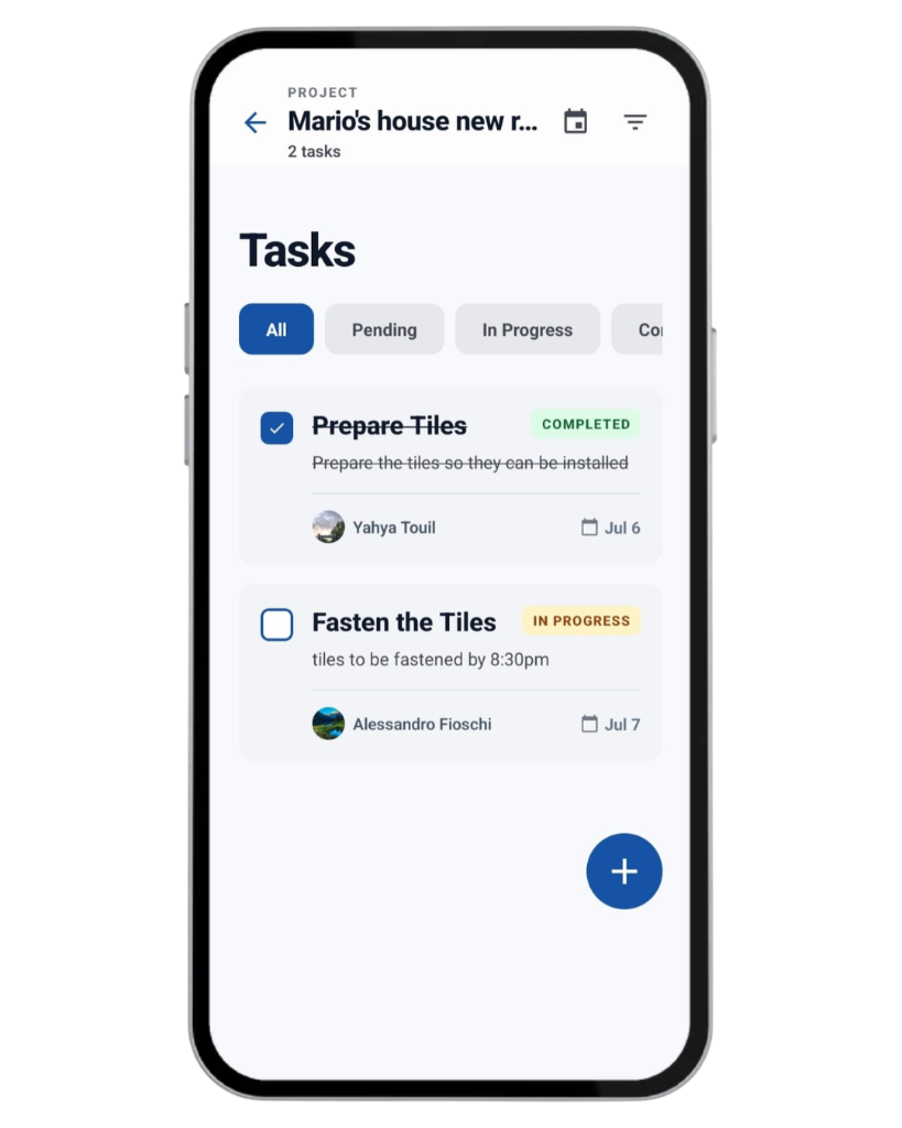 Construkt project tasks for a roofing job, with Completed and In Progress statuses, assignees, and due dates
