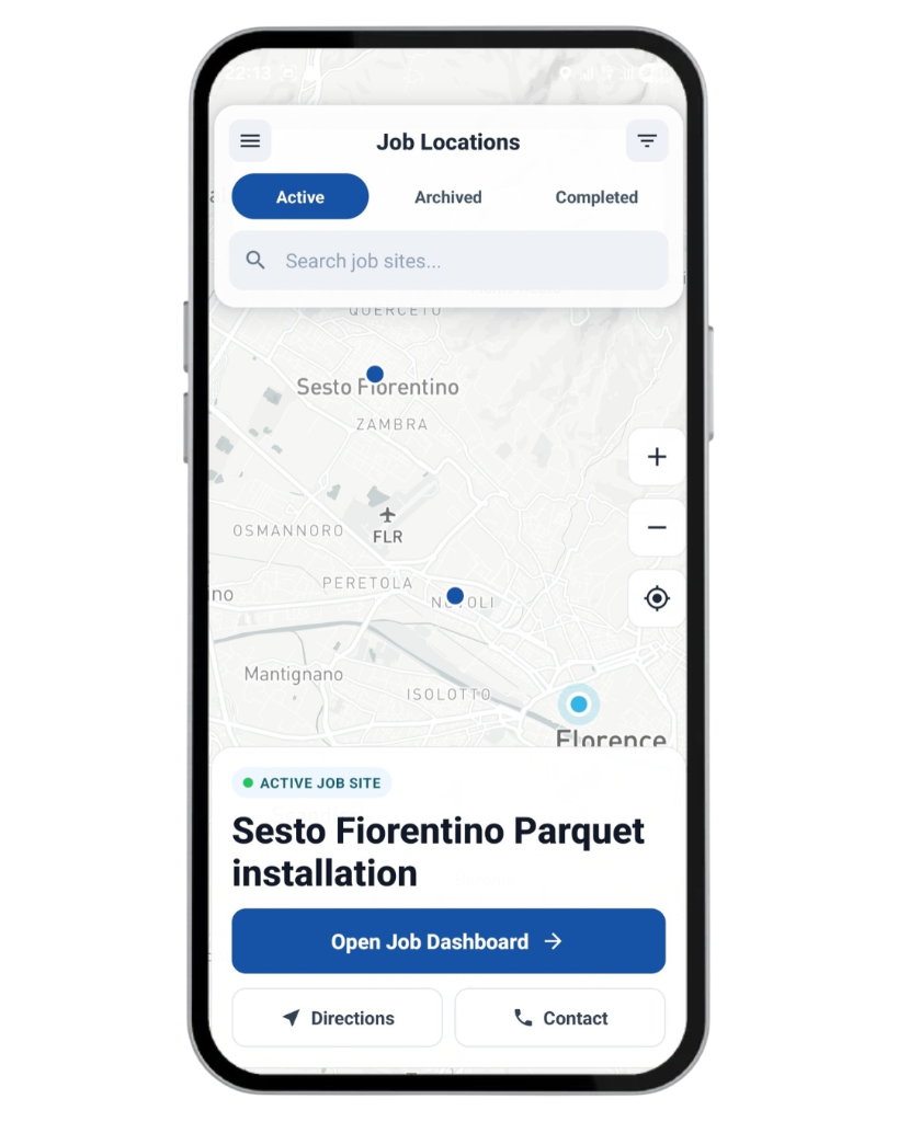 Construkt Job Locations map showing active construction sites, a selected job card, and actions to open the dashboard, get directions, or contact the client