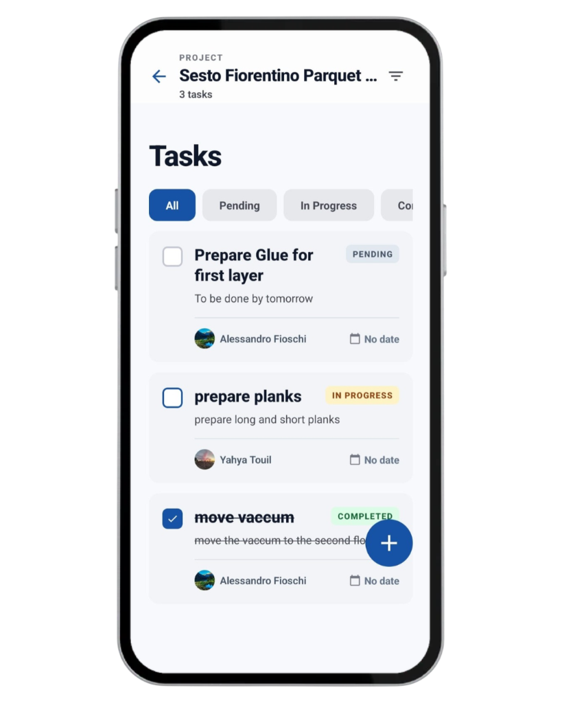 Construkt project tasks on a phone, with pending, in-progress, and completed work assigned to crew members