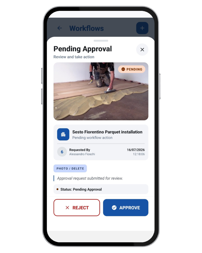 Construkt Pending Approval panel showing a photo deletion request with project, requester, status, reject, and approve controls