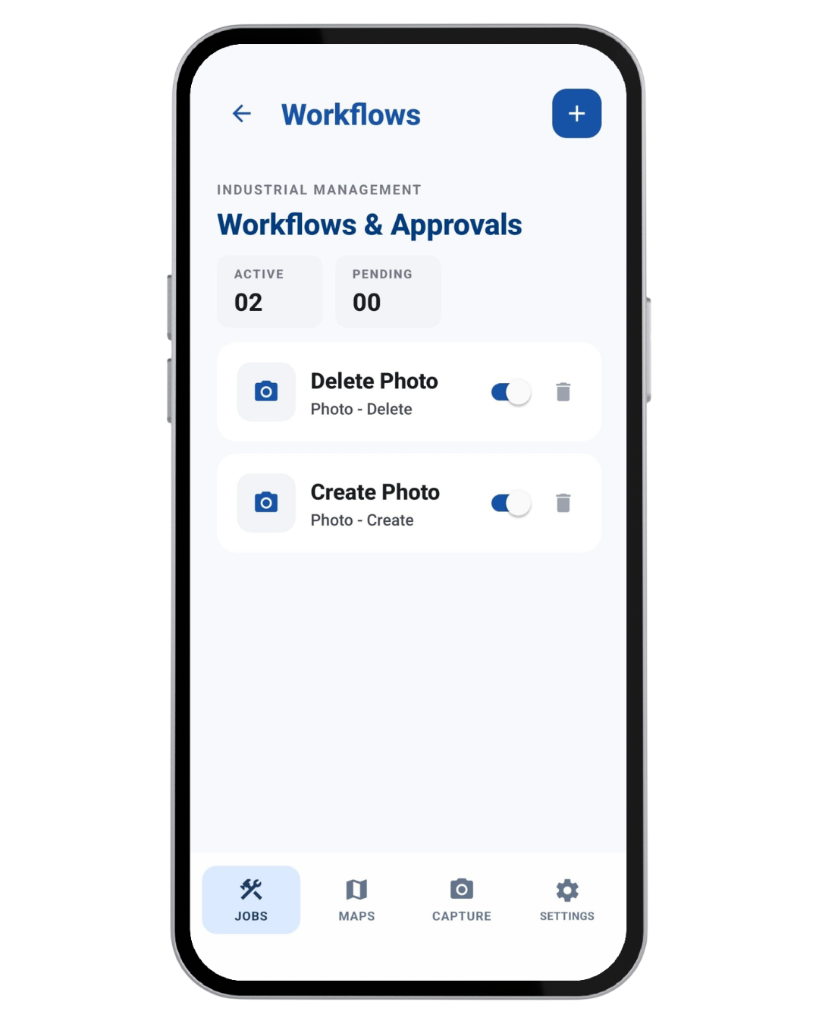 Construkt Workflows and Approvals screen showing active photo create and delete workflow rules